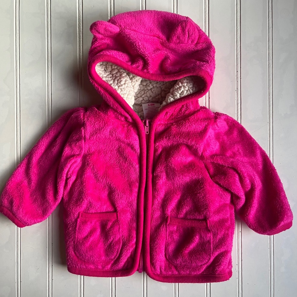 Garanimals Girls Fuchsia Sizzle Pink Fleece Bear Ear Hoodie Jacket 3-6M